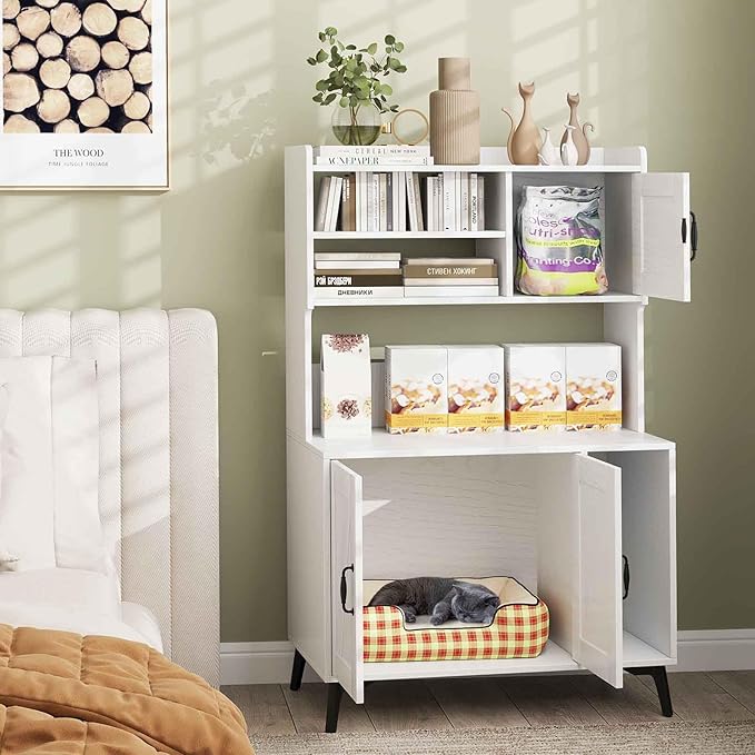 PETSITE Cat Litter Box Enclosure with Storage Shelf, 52 Inches Tall Modern Wooden Hidden Litter Box Furniture with Storage Shelving, Ideal for Indoor Cats (White)