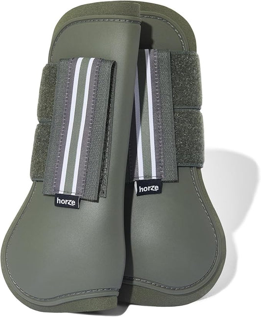 HORZE Adepto Open Front Tendon Boots | Durable Shell with Neoprene Lining - Beetle Khaki Green - Horse