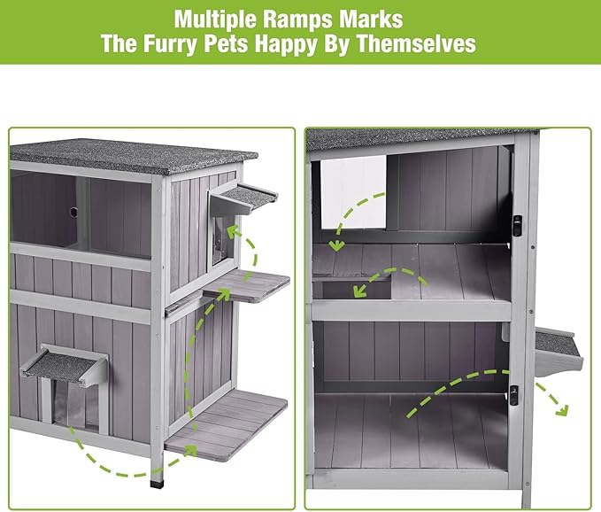 GUTINNEEN Outdoor Cat House Weatheproof Feral Cat Shelter Wooden Cat Condo for Winter with Escape Doors（AIR14）