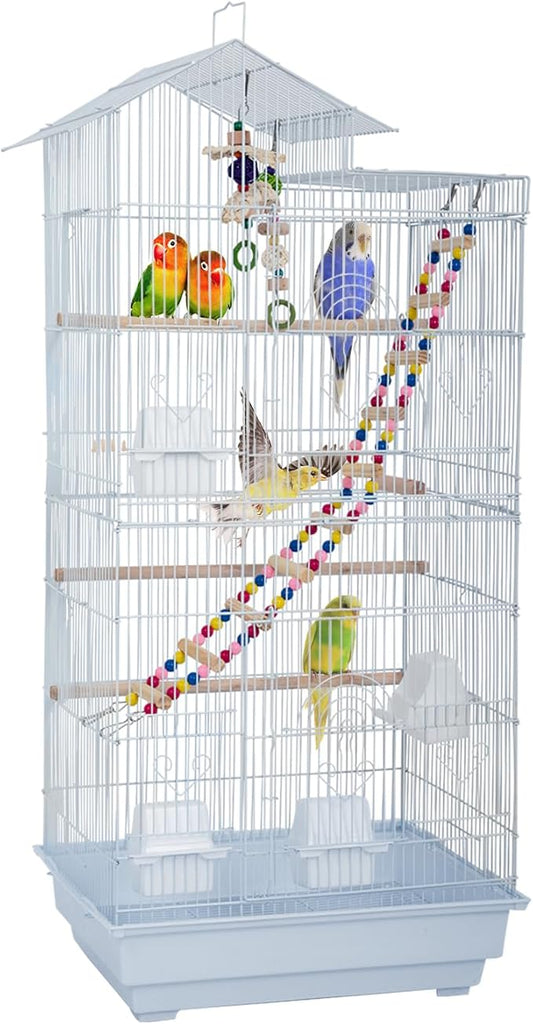 FDW 39 Inch Bird Cage Parakeet Cage with Play Top Rolling Stand & Easy Clean Pull-Out Tray Roof Top Parrot Cage for for Finches Canaries Parakeets Cockatiels & Other Small Birds, White