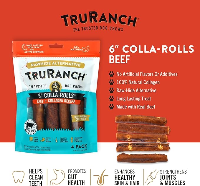 Collagen Rolls - 6" Collagen Rolls for Dogs - Long Lasting Healthy Joint Support - Rawhide Alternative - Skin & Coat Health - Made with Real Beef, Value Pack, 3 Bags, 12 Count
