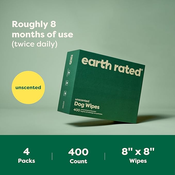 Earth Rated Pet Wipes for Dogs and Cats, Hypoallergenic, Cleaning and Hydrating, for Grooming Paws, Body and Butt, Unscented, 400 Count