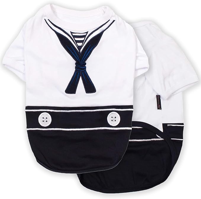 Parisian Pet Blue & White Sailor Dog Shirt - Embroidered Cotton & Polyester Costume - Large Sleeved Dog Clothes