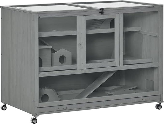 PawHut Wooden Large Hamster Cage with Seesaw and Wheels, Small Animal Cage and Habitat, 3-Tier Hamster Habitat with Ladder, Dark Grey
