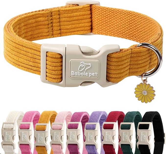 Cute Corduroy Dog Collar - Mustard Yellow Adjustable Dog Collars for Medium Dogs 25-50lbs, Fade-Proof with Secure Snap & Little Charm, Christmas Birthday Gift, M