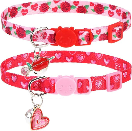 PUPTECK Breakaway Cute Cat Collar with Bell Charm for Kitty, 2 Packs Adjustable Kitten Collars Rose and Love Pattern, Red Pink Heart, 7.8-11.8 in