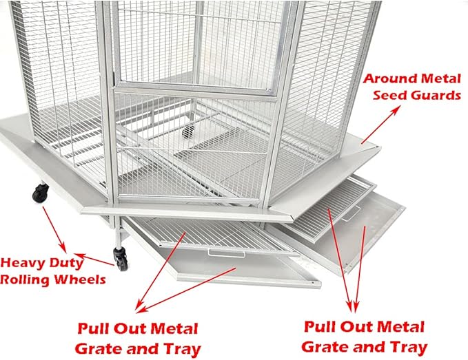 X-Large Corner Parrot Bird Flight Breeding Wrought Iron Rolling Home Cage Solid Plated Feeder Doors with Around Metal Seed Guard
