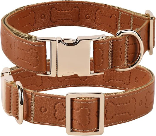 TDTOK Stylish Leather Dog Collar, Comfortable Soft PU Leather Dog Collars for Large Medium Small Dogs with Quick Release Metal Buckle, Adjustable Pet Collar with Cute Bone Pattern Design