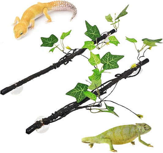 PINVNBY Reptile Corner Branch,2 PCS Flexible Jungle Climbing Vine with Suction Cup Terrarium Plant Decoration for Amphibian Dragons, Snake,Frogs, Chameleons（Green）