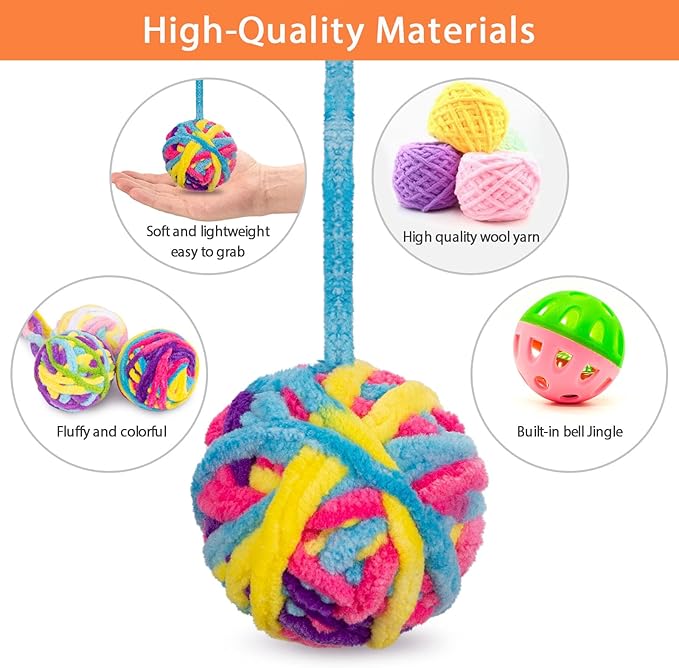 Retro Shaw 6Pcs Cat Toys Balls, Wool Yarn Cat Ball with Bell Inside, Interactive Kitten Toys for Indoor Cats Kitty Chew Kick, Colorful Soft Fuzzy Pet Toy Ball with String