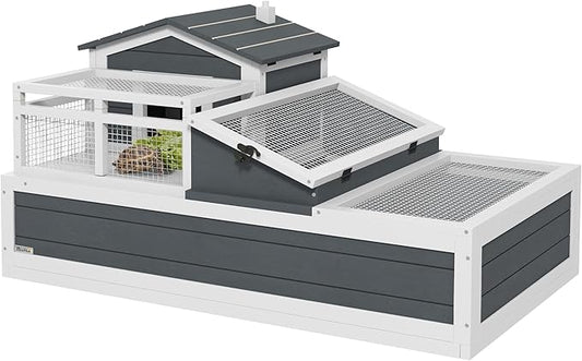 PawHut 3- Room Tortoise House Habitat with Balcony & 2 Stories, Indoor/Outdoor Wooden Tortoise Enclosure with Ladder, Tray, Openable Roof, Large Reptile Cage, 44" x 25.5" x 23", Gray