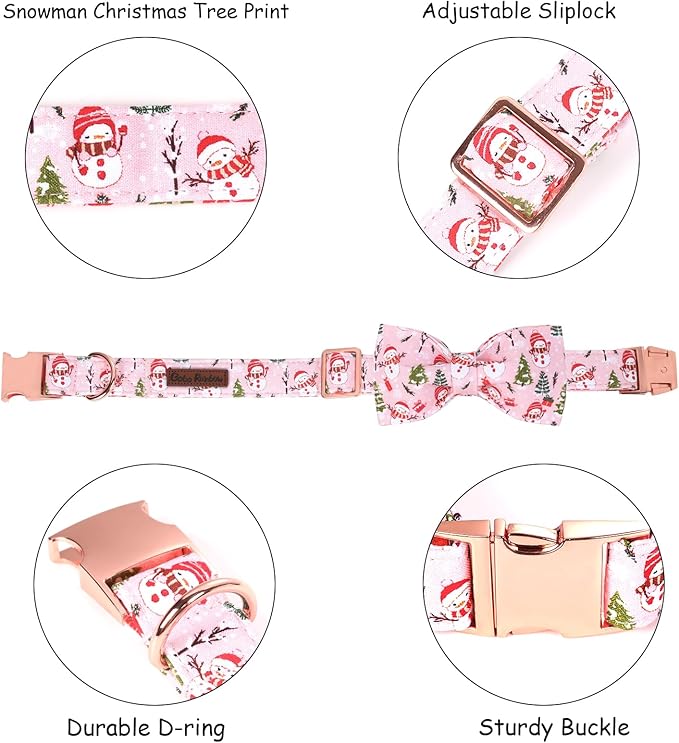 Christmas Dog Collar, Christmas Tree and Snowman Print Cute Winter Holiday Collars Cotton Adjustable Comfortable Pink Dog Collar with Bow,Stylish Collars for Small Girl Dogs