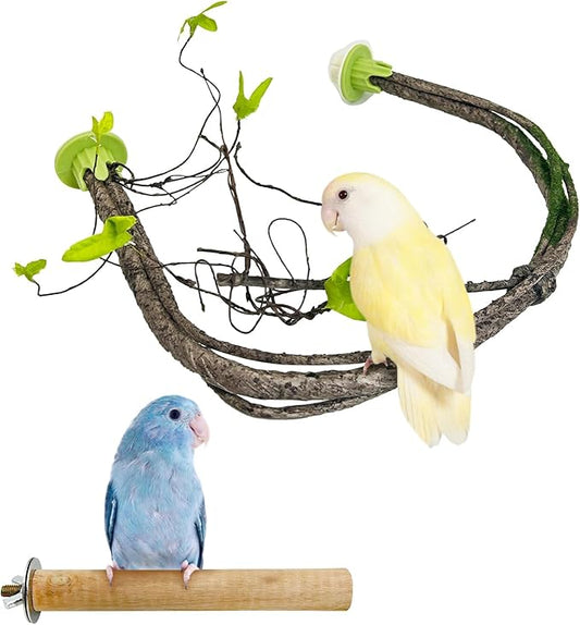 PINVNBY 2 PCS Bendable Bird Perches Simulation Branch Parrot Perch Stand with Green Leaf Hanging Paw Grinding Fork Cage Accessories for Parakeet Budgie Finch Cockatiel Conure (Medium)