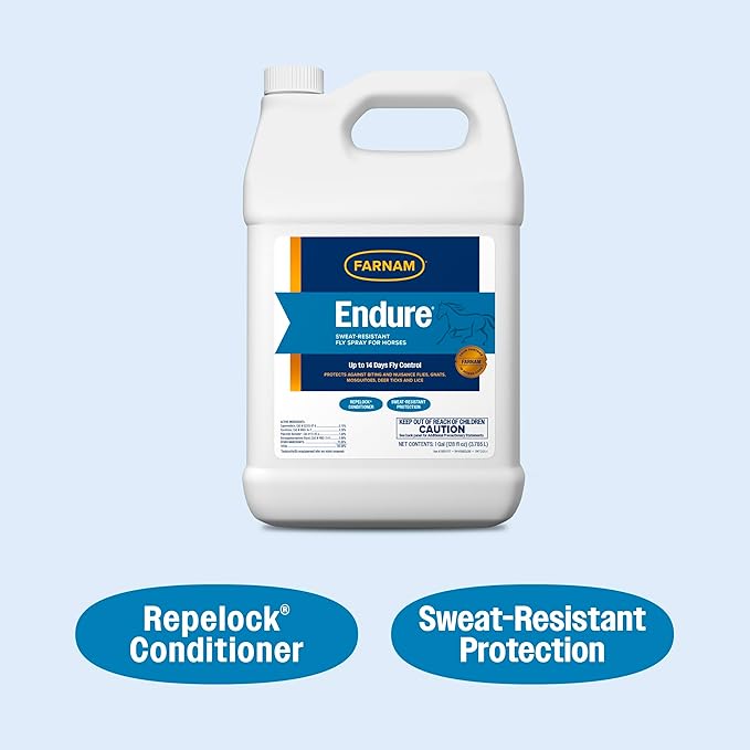 Farnam Endure Sweat-Resistant Fly Spray for Horses, Sweat-Rsistant Formula Lasts Up to 14 Days, Kills and Repels Against Flies, Gnats, Mosquitoes, Ticks & Lice, 128 oz.
