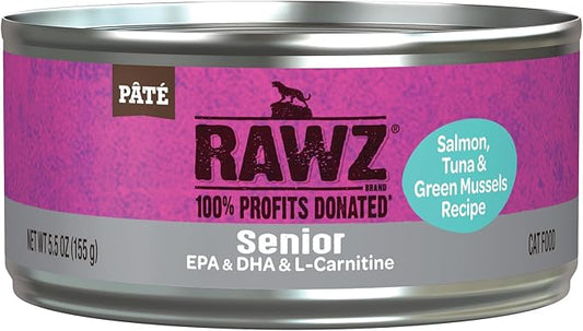 Rawz Natural Premium Pate Canned Cat Wet Food - Made with Real Meat Ingredients No BPA or Gums - 5.5oz Cans 24 Count (Salmon & Green Mussels for Seniors)