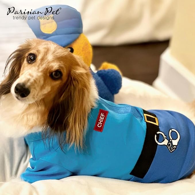 Parisian Pet Embroidered Dog Police Costume - 100% Cotton and Polyester Pet Clothes - Sleeved Cop Costume for Large Dogs 2XL - Blue