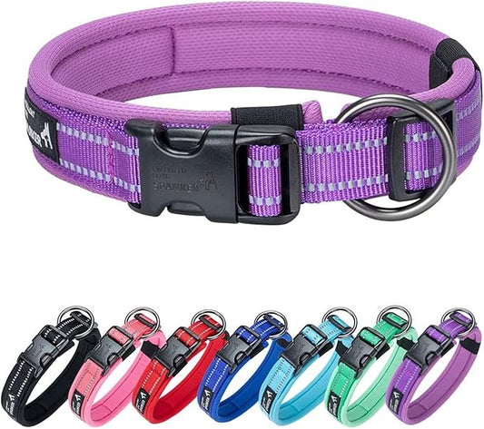 EXCELLENT ELITE SPANKER Reflective Dog Collar Classic Soft Padded Breathable Nylon Adjustable Pet Collar with Quick Release Buckle for Boy Girl Male Female Small Medium Large Dogs Training(Purple-XL,)