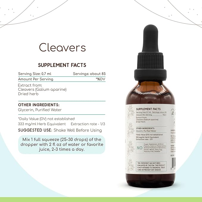 Cleavers B60 Alcohol-Free Herbal Extract Tincture, Concentrated Liquid Drops Natural Cleavers (Galium aparine) Dried Herb (2 fl oz)