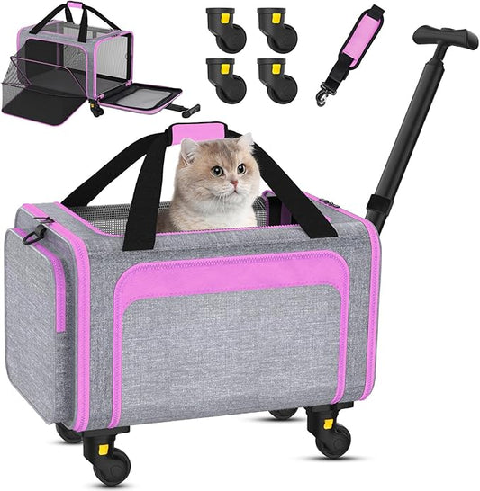 Pet Carrier with Detachable Wheels, TSA Airline Approved Rolling Cat Carrier for Small Dogs and Cats up to 15Lbs, Sturdy Frame & Smooth 360° Wheels for Travel & Vet - 18" L x 11" W x 11"