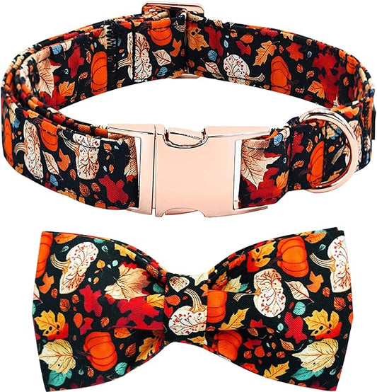 Fall Dog Collar, Leaf Pumpkin Print Adjustable Pet Collar Cute Cotton Soft Collars with Bow Tie Metal Buckle Holiday Puppy Collars Boy&Girl Gift for Small Dogs