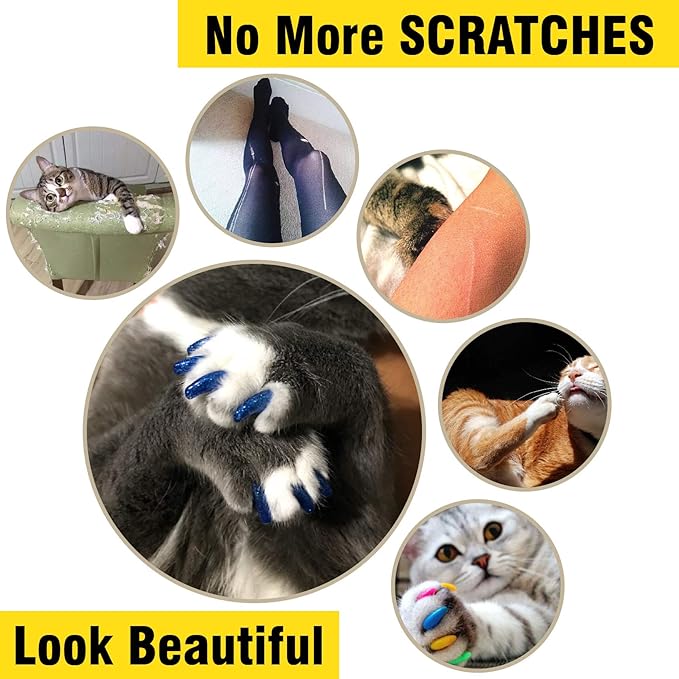 zetpo 100 pcs Cat Nail Caps | Cat Claw Covers | with Adhesives and Applicators (L, 5X Blue Glitter Shades)