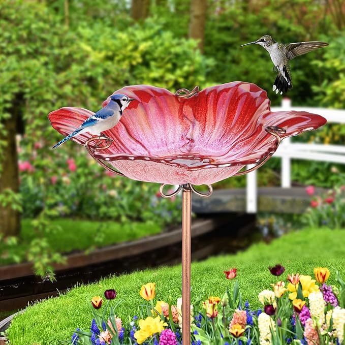 Outdoor Bird Bath Glass Birdbath Garden Birdfeeder with Metal Stake Red