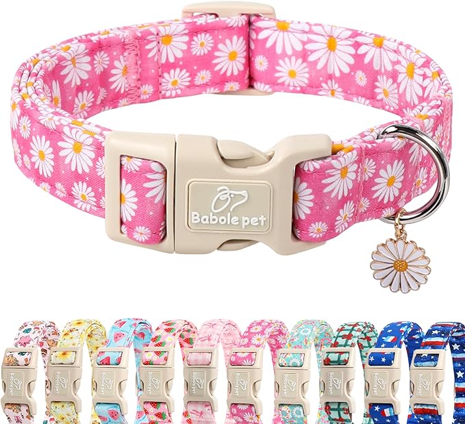 Summer Daisy Dog Collar, Cute Floral Adjustable Pink Dog Collars for Puppy Small Dogs, Lightweight Quick-Release Buckle Collar for Boy&Girl Dogs XS