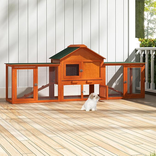 82.5” Large Wooden Rabbit Hutch Outdoor Easy to Assemble Rabbit Cage and Durable Bunny Hutch Indoor with Cleaning Tray & Waterproof Roof for Small and Medium Bunny Rabbit Chick (Orange)
