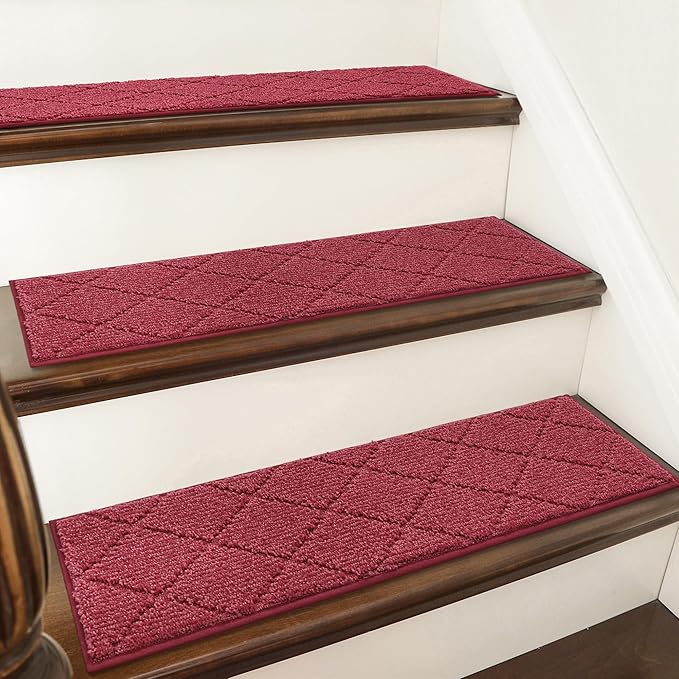 COSY HOMEER Edging Stair Treads Non-Slip Carpet Mat 28inX9in Indoor Stair Runners for Wooden Steps, Edging Stair Rugs for Kids and Dogs, 100% Polyester TPE Backing (15pc, Red)