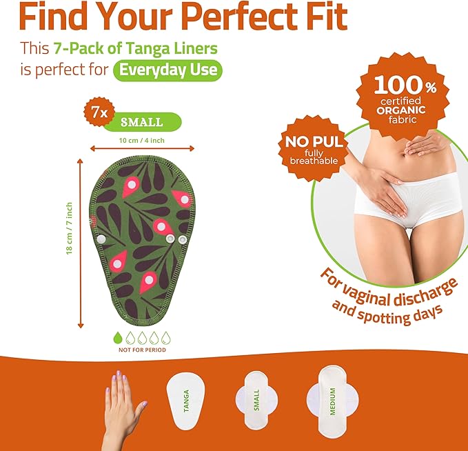 Cloth Panty Liners Thong; 7-Pack (Small) Mini Organic Cotton Reusable Panty Liners for Women Made in EU; Feminine Daily Tanga Washable for Women; Sanitary Reusable, NOT for Period