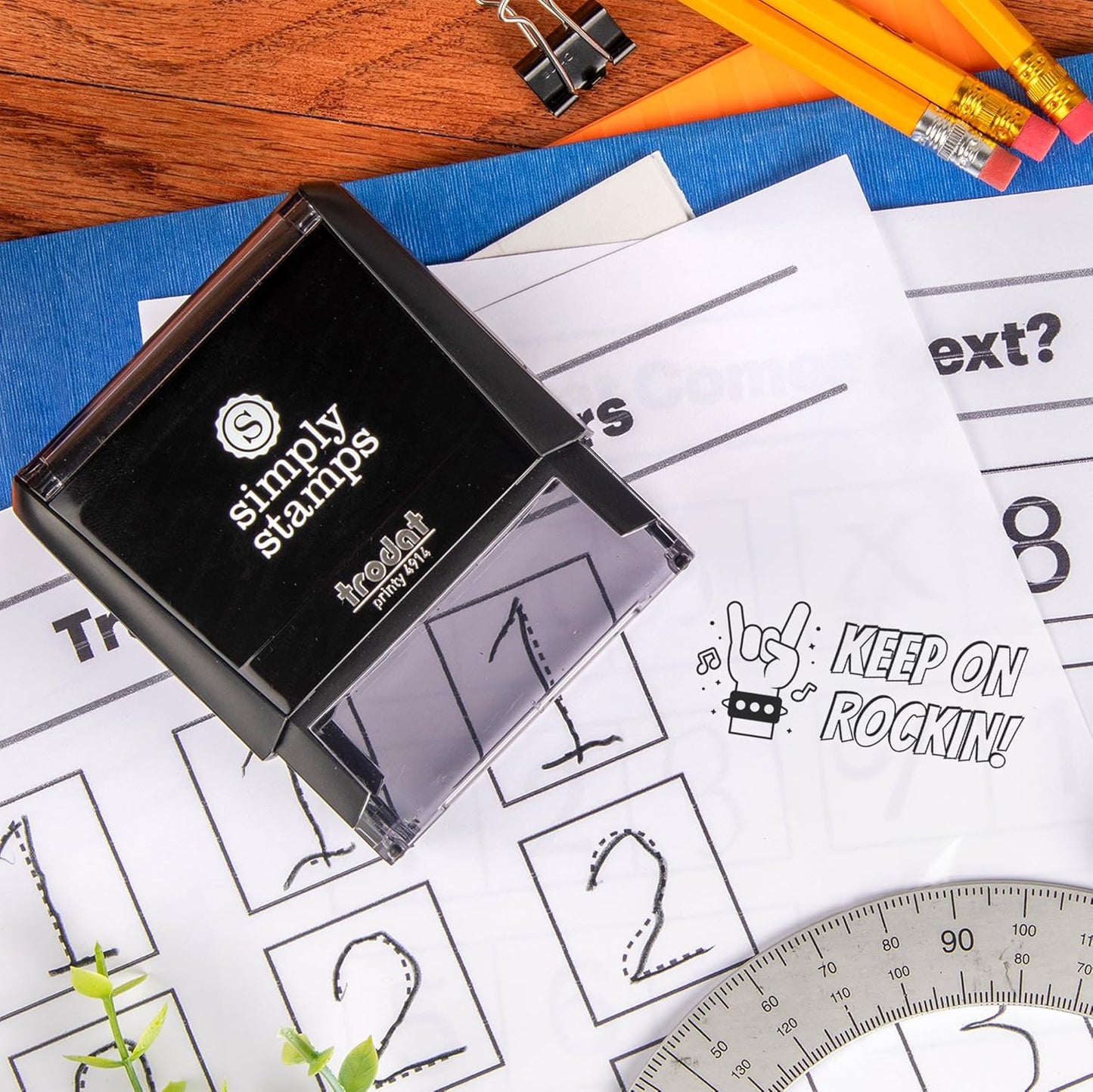 Custom Large Self-Inking Book Stamps | 49 Fun Phrases | Grading Made Easy | Classroom, Library & Book Stamps (Keep on Rockin!)