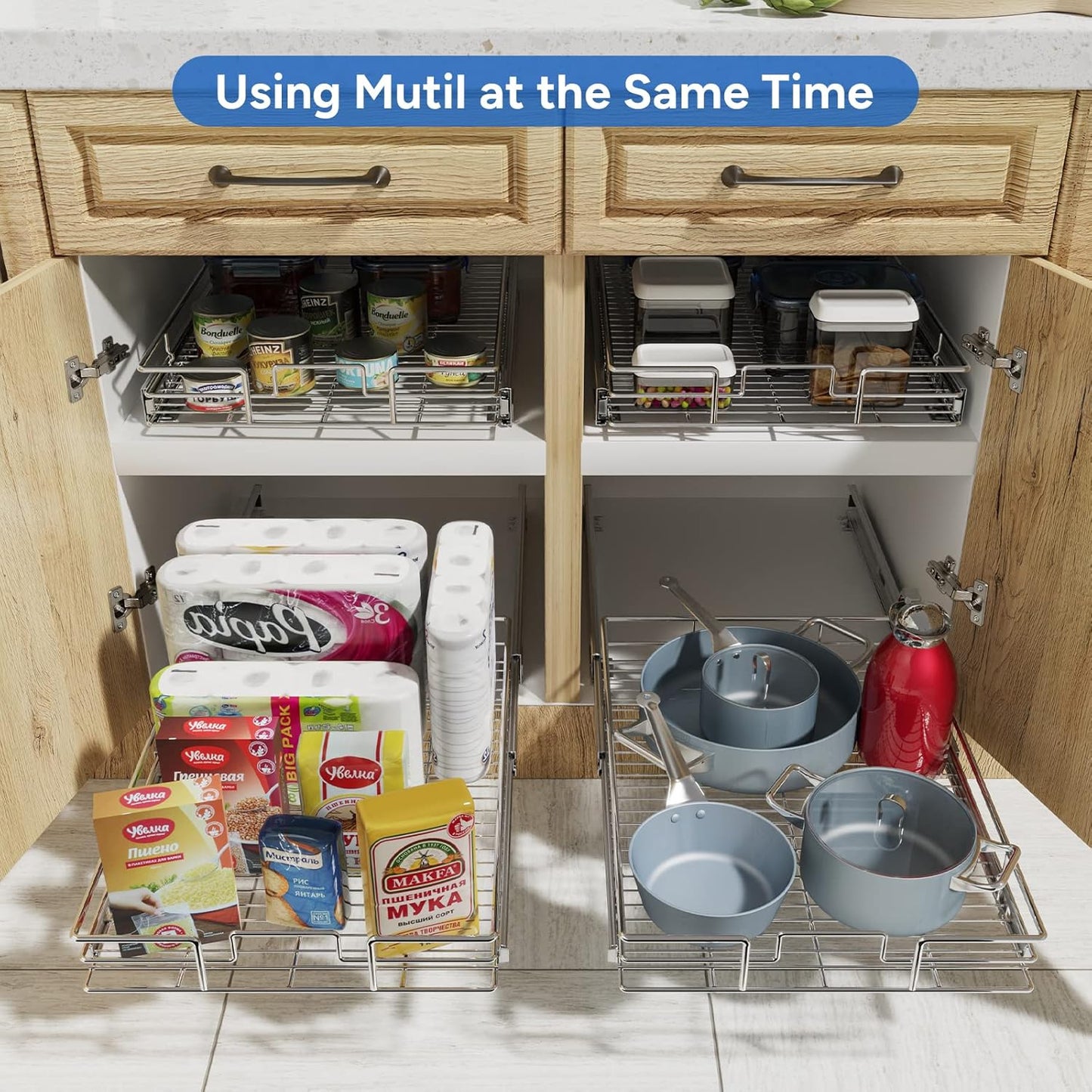 ROOMTEC Pull Out Cabinet Organizer, Cabinet Pull Out Shelves 14" W x 21" D, Heavy Duty Cabinet Drawers Slide Out Kitchen Cabinet Organizers Storage Shelf