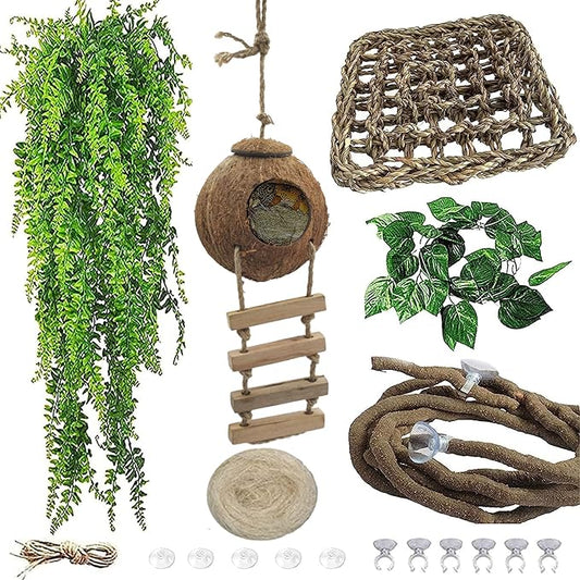 6PCS Crested Gecko Coconut Hut, Lizard Coco Den with Ladder and Reptile Hammock Bearded Dragon Tank Accessories Climbing Hanging Plants Jungle Vine Flexible Reptile Leaves Decor