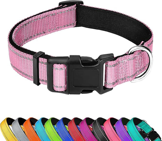 Reflective Dog Collar, Adjustable Soft Neoprene Padded Nylon Pet Collars with Buckle for Extra Large Dogs, Light Pink,XL