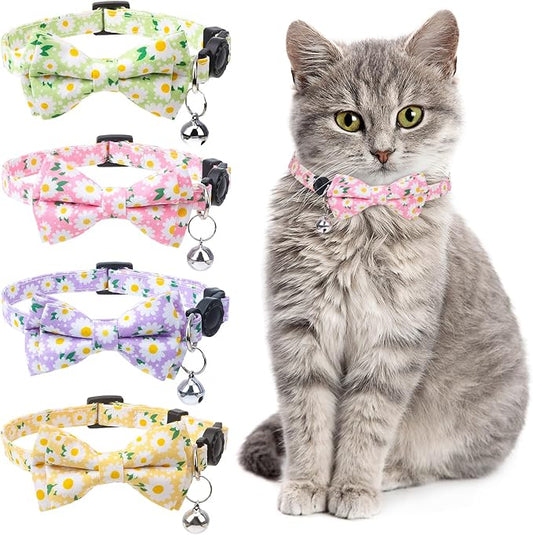4 Pcs Breakaway Cat Collar with Bow Tie and Bell Floral Cat Kitten Collar with Removable Bowtie Adjustable Safety Collars for Girl Cats