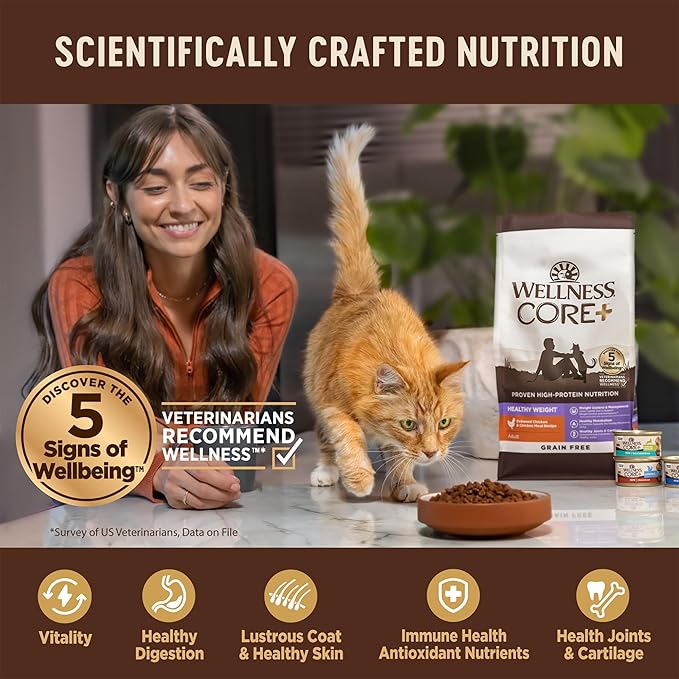 Wellness CORE+ Hairball Adult Dry Cat Food for Indoor & Outdoor Cats, Grain Free, Natural, Chicken and Chicken Meal (4.75 Pound Bag)