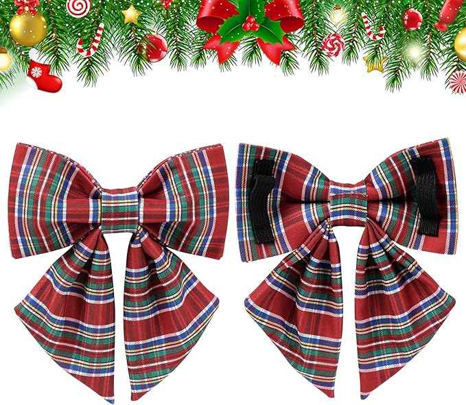 Christmas Plaid Dog Collar with Bow, Red and Blue Check Adjustable Pet Collar with Quick Release, Christmas Stripes Bowtie Collar for Small Medium Large Dogs XL