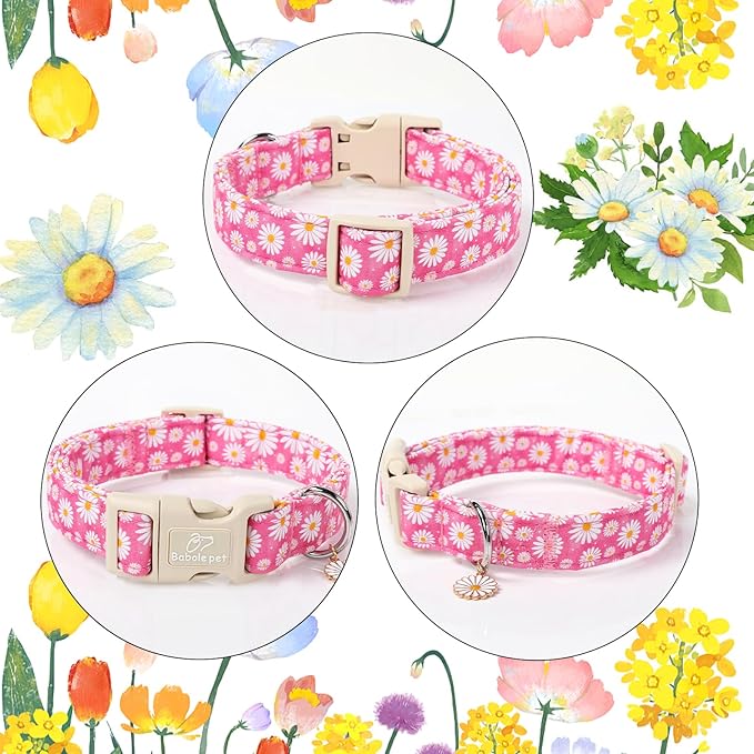 Summer Daisy Dog Collar, Cute Floral Adjustable Pink Dog Collars for Giant Large Dogs, Lightweight Quick-Release Buckle Collar for Boy&Girl Dogs XL