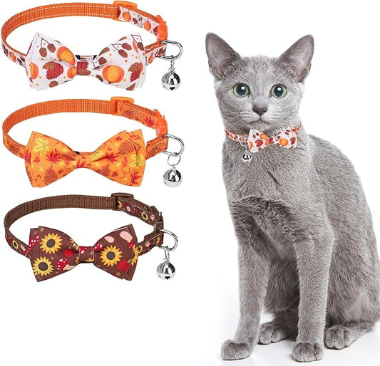SCENEREAL Fall Thanksgiviing Cat Collar Breakaway Girl Boy, 3 Pack Turkey Pumpkin Pattern Adjustable Kitten Collars with Bell, Holiday Cute Cat Collars with Bowtie and Safety Buckle