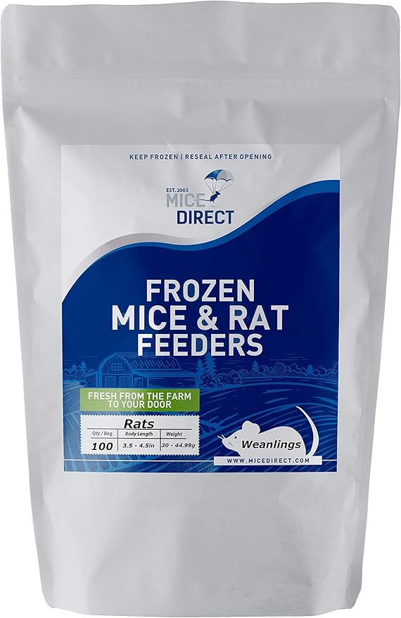 MiceDirect- Rat Weanlings- Fresh Fast Frozen Food Feeders for SubAdult Ball Python Red Tail Boa Monitor Lizard Birds of Prey Pet Reptiles (3.5-4.5 (Pack of 100))