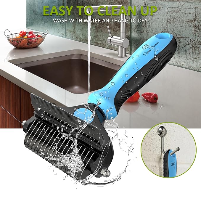 Spring Blossoms-2 in 1 Professional Grooming Rake for Cats & Dogs-Dematting Comb for Easy Mats & Tangles Removing,Pet Brush Safe No More Nasty Shedding and Flying Hair (Blue)