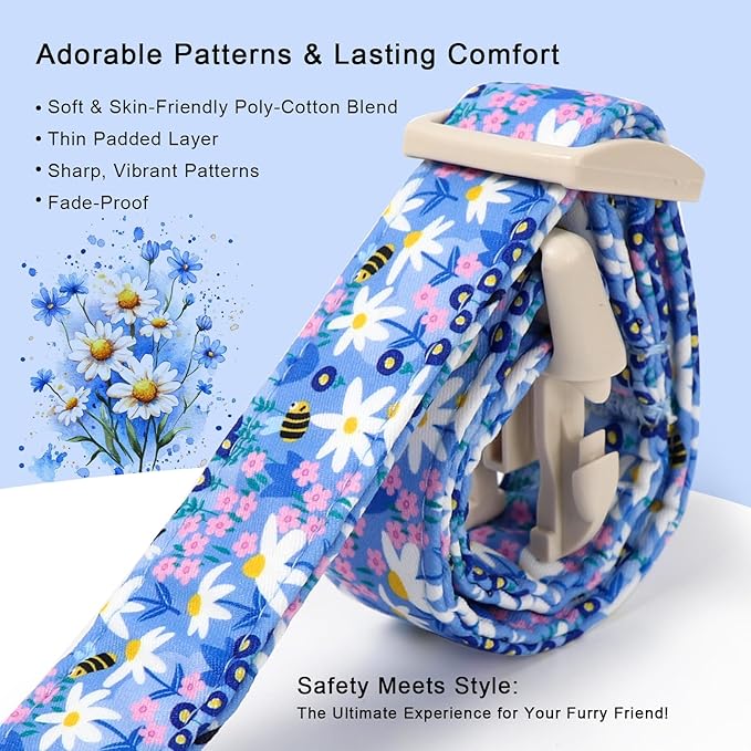 Floral Dog Collar for Large Dogs - Cute Spring Dog Collars, Soft Lightweight Bee & Daisy Puppy Collar, Breathable Adjustable Male Female Blue Wildflowers Dogs Collars L