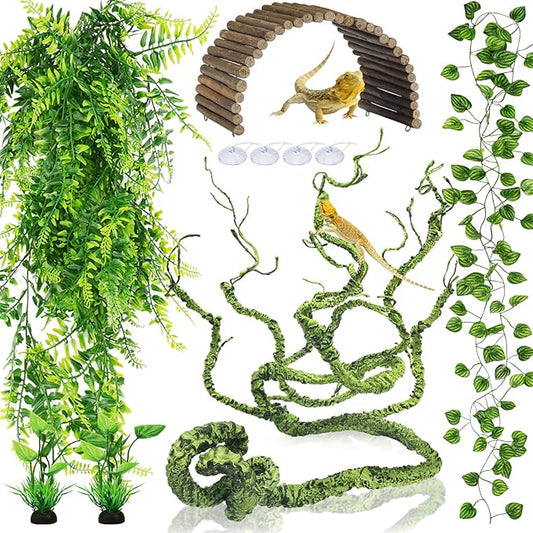 Bearded Dragon Tank Accessories, Terrarium Hanging Plant Vines Artificial Leaves Reptile Hide, Bridge Jungle Climber Reptile Vines for Snakes Bearded Dragon Chameleon Gecko Lizard