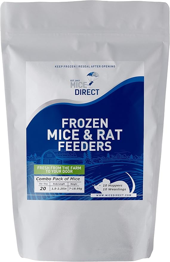 MiceDirect EST. 2003 20 Frozen Mice Combo Pack of 10 Hoppers and 10 Weanling Feeders Snake Food for Mice for Juvenile Ball Python Adult Milk Corn Snakes (1.5-2.5 in)(200 Grams Min)