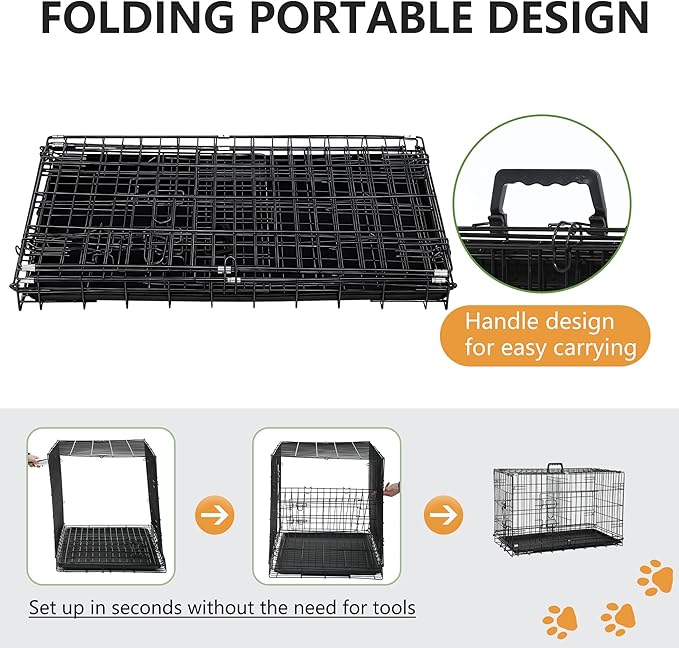 FDW Dog Crate 42-Inch Dog Cage Foldable Metal Kennel with Leakproof Tray Foldable Design Indoor Outdoor Use for Large Dogs,Dark Black