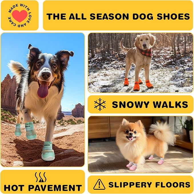 Hcpet Dog Shoes for Large Dogs, Breathable Dog Booties for Small Medium Dogs, Anti-Slip Dog Boots & Paw Protectors for Hot Pavement Winter Snow Hiking with Reflective Straps Orange Size 4