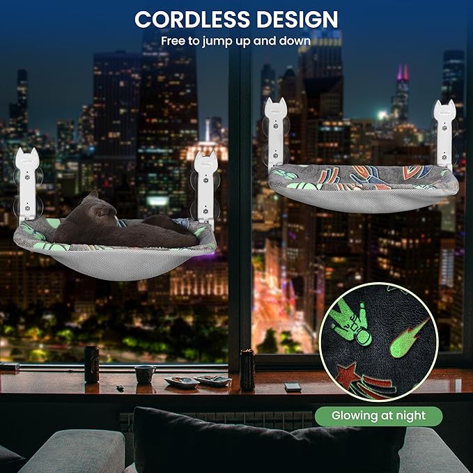 2 Pack Cat Window Perch, Glow in The Dark Foldable Cat Hammock with Sunken Design & Removable Soft Cover, Breathable Cordless Window Bed for Resting Indoor Kitten (Shallow Perch, 2 Pack - M)