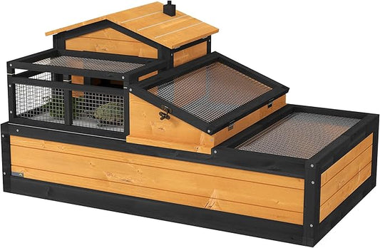 PawHut 3- Room Tortoise House Habitat with Balcony & 2 Stories, Indoor/Outdoor Wooden Tortoise Enclosure with Ladder, Tray, Openable Roof, Large Reptile Cage, 44" x 25.5" x 23", Yellow
