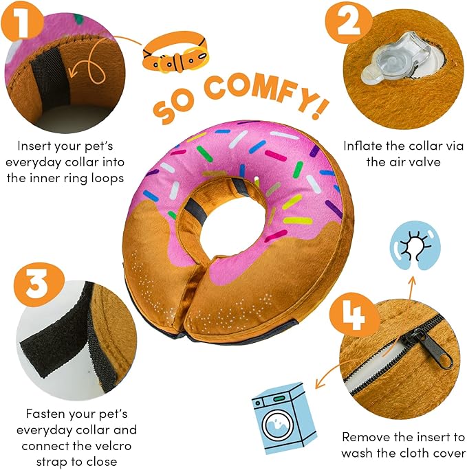 BENCMATE Inflatable Dog Cone Collar Alternative, Soft Dog Cone for Small Medium Large Dogs and Cats, Neck Recovery ECollar Donut Collar After Surgery (Small, Donut-Strawberry)