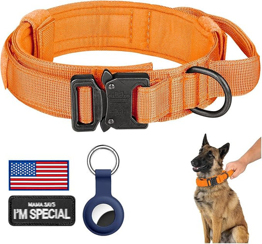 DAGANXI Tactical Dog Collar, Adjustable Military Training Nylon Dog Collar with Control Handle and Heavy Metal Buckle for Medium and Large Dogs, with Patches and Airtags Case (Orange, L)